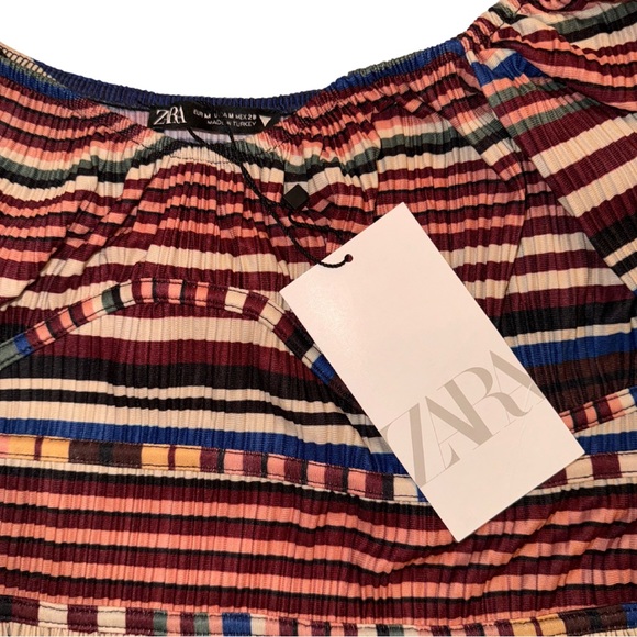 ZARA | NWT | Multi-Color Stripe On-Shoulder Puff Sleeve Corset Mini Dress Medium - Picture 3 of 5